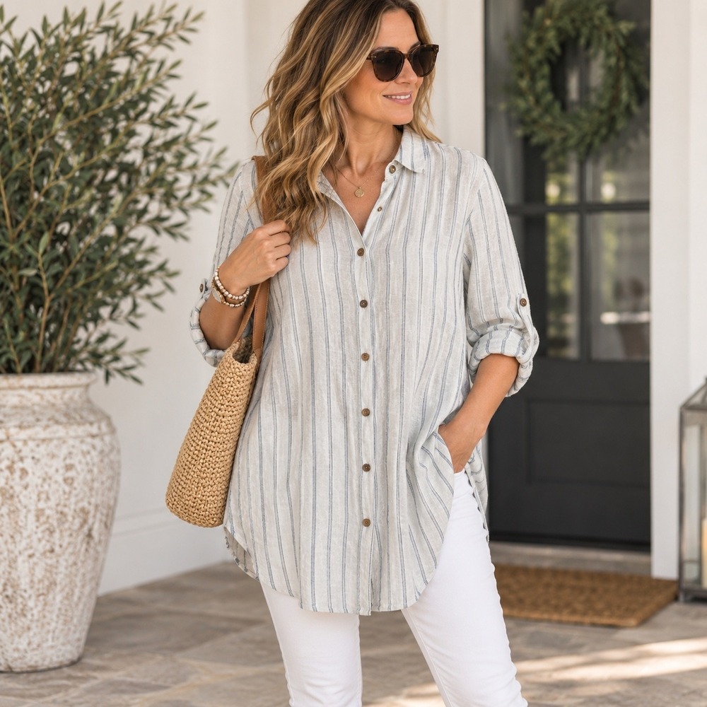 Rosemarine Italy Striped 100% Linen Roll Tab Sleeve Tunic Large Coast Blue White
